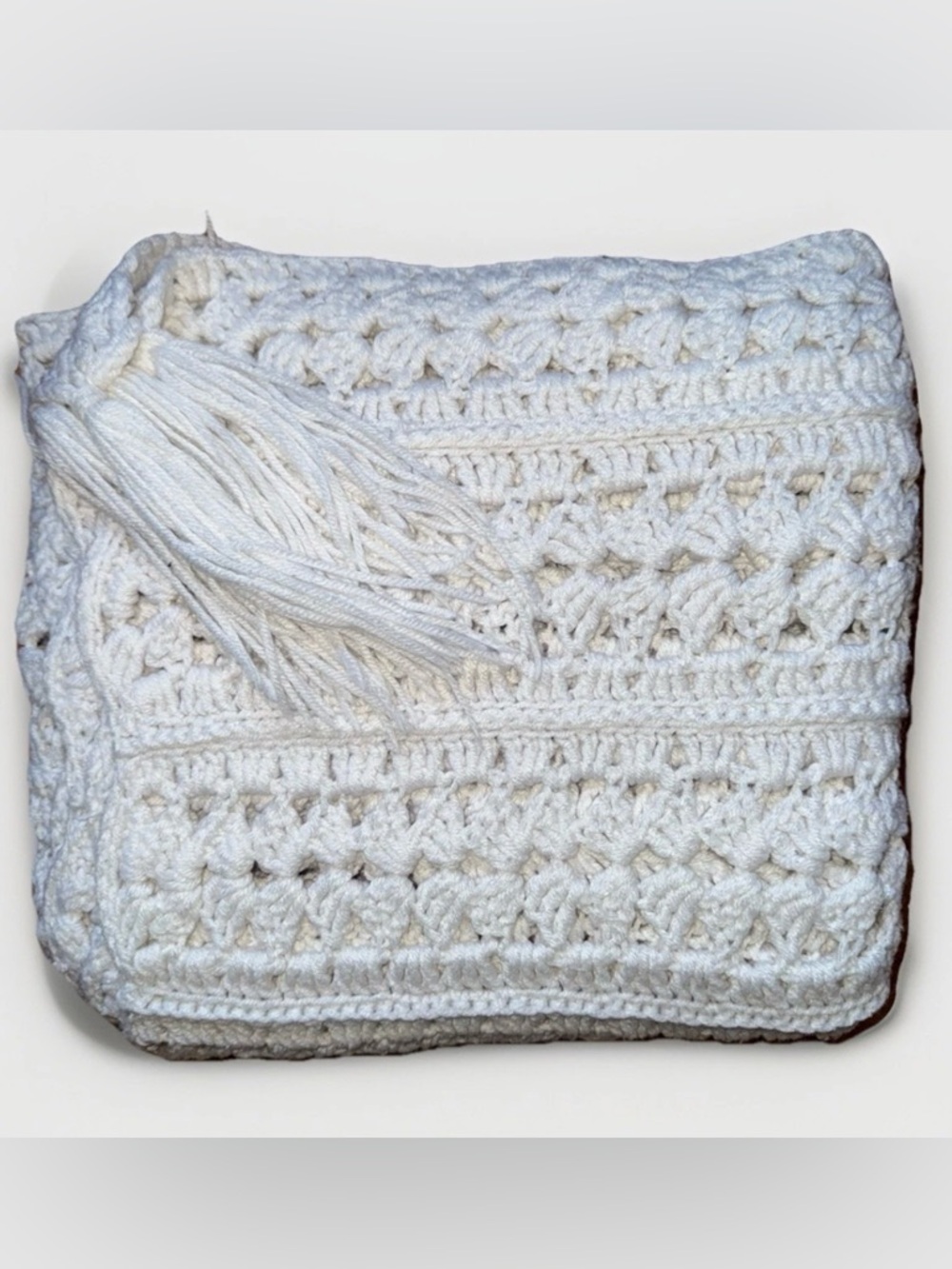 Vintage Handmade Crochet White Knit Blanket Adult Rectangle Tassel Throw 45x55